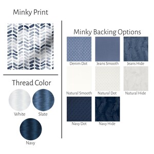 May include: A blue and white chevron minky fabric with options for backing and thread color. The backing options include denim dot, jeans smooth, jeans hide, natural smooth, natural dot, natural hide, navy dot, and navy hide. The thread color options include white, slate, and navy.