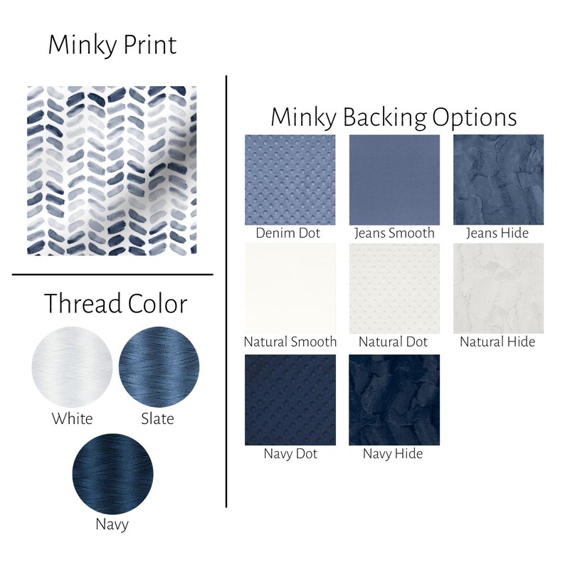 May include: A blue and white chevron minky fabric with options for backing and thread color. The backing options include denim dot, jeans smooth, jeans hide, natural smooth, natural dot, natural hide, navy dot, and navy hide. The thread color options include white, slate, and navy.