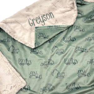 Personalized Boy Baby Blanket with Name - Sage Construction Baby Blanket - Newborn Baby Shower Gift