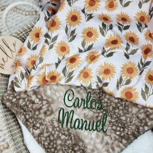 Sunflower Baby Blanket Personalized Olive and Copper Baby Name Blanket Girl Baby Blanket Minky Baby Blanket image 2