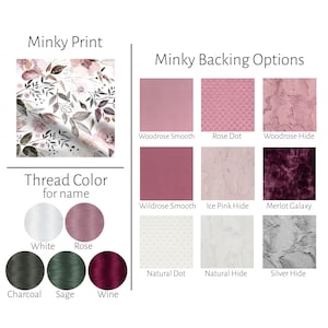 May include: A chart showing different minky fabric prints and colors. The fabric prints include a floral pattern, a smooth solid color, a dotted pattern, a textured pattern, and a marbled pattern. The colors include white, rose, charcoal, sage, and wine.