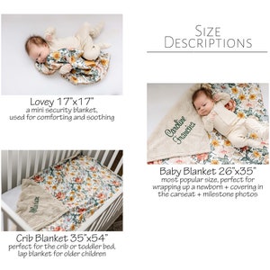 Peut inclure: Un ensemble de trois couvertures pour b&eacute;b&eacute; de diff&eacute;rentes tailles&nbsp;: un doudou de 17&nbsp;x&nbsp;17&nbsp;po, une couverture pour b&eacute;b&eacute; de 26&nbsp;x&nbsp;35&nbsp;po et une couverture pour berceau de 35&nbsp;x&nbsp;54&nbsp;po. Les couvertures pr&eacute;sentent un imprim&eacute; floral avec une texture douce et moelleuse. Chaque couverture est personnalis&eacute;e avec un nom en broderie verte.
