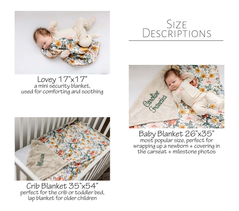 Peut inclure: Un ensemble de trois couvertures pour b&eacute;b&eacute; de diff&eacute;rentes tailles&nbsp;: un doudou de 17&nbsp;x&nbsp;17&nbsp;po, une couverture pour b&eacute;b&eacute; de 26&nbsp;x&nbsp;35&nbsp;po et une couverture pour berceau de 35&nbsp;x&nbsp;54&nbsp;po. Les couvertures pr&eacute;sentent un imprim&eacute; floral avec une texture douce et moelleuse. Chaque couverture est personnalis&eacute;e avec un nom en broderie verte.