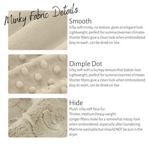 May include: Close-up of three fabric swatches showing different textures: smooth minky, dimple dot, and hide. The text describes the fabric characteristics and care instructions.