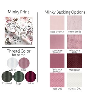 May include: A minky fabric swatch with a floral print in shades of pink and gray. The fabric is available in a variety of colors and textures, including rose smooth, ice pink hide, woodrose smooth, woodrose hide, wildrose smooth, merlot dot, rose dot, and natural dot. The fabric can be used for a variety of projects, such as blankets, pillows, and clothing. Thread colors for embroidery are also shown in white, rose, charcoal, sage, and wine.