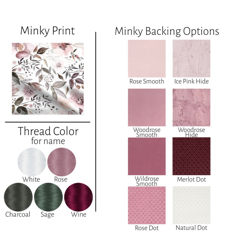 May include: A minky fabric swatch with a floral print in shades of pink and gray. The fabric is available in a variety of colors and textures, including rose smooth, ice pink hide, woodrose smooth, woodrose hide, wildrose smooth, merlot dot, rose dot, and natural dot. The fabric can be used for a variety of projects, such as blankets, pillows, and clothing. Thread colors for embroidery are also shown in white, rose, charcoal, sage, and wine.