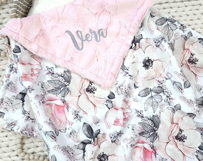 Girl Baby Blanket Personalized Pink Rose Floral Baby Blanket Etsy