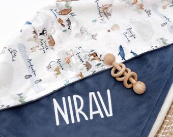 Boy Baby Blanket Personalized - World Map Baby Blanket - Travel Theme Nursery - Embroidered Blanket