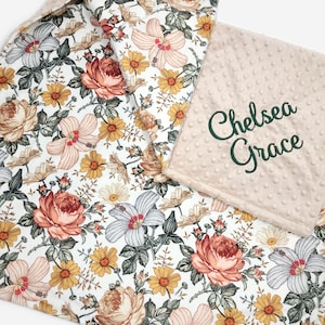 Personalized Girl Baby Blanket - Vintage Floral Baby Blanket - Boho Baby Blanket - Newborn Baby Shower Gift - Minky Baby Blanket
