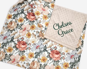 Personalized Girl Baby Blanket - Vintage Floral Baby Blanket - Boho Baby Blanket - Newborn Baby Shower Gift - Minky Baby Blanket