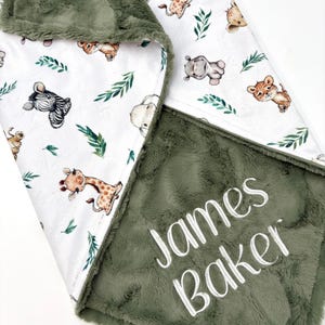 Safari Baby Blanket Personalized - Jungle Minky Baby Blanket with Name - Embroidered Blanket - Custom Baby Blanket