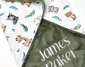 Safari Baby Blanket Personalized - Jungle Minky Baby Blanket with Name - Embroidered Blanket - Custom Baby Blanket