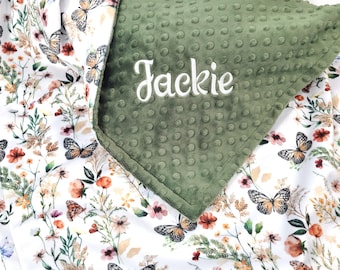 Wildflower + Butterfly Baby Blanket - Cottagecore Girl Minky Baby Blanket - Personalized Blanket - Baby Shower Gift