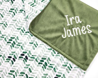 Personalized Boy Baby Blanket - Boy Baby Custom Shower Gift - Green Baby Blanket with Name - Embroidered Minky Baby Blanket