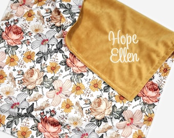 Newborn Baby Shower Gift - Girl Baby Blanket Personalized - Minky Baby Blanket - Vintage Floral Baby Blanket - Boho Baby Blanket