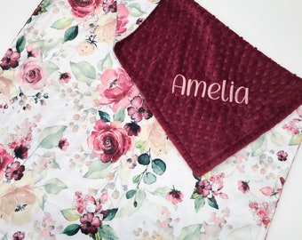 Manta personalizada para bebé niña - Floral burdeos y rosa - Manta de minky para bebé - Manta monogramada