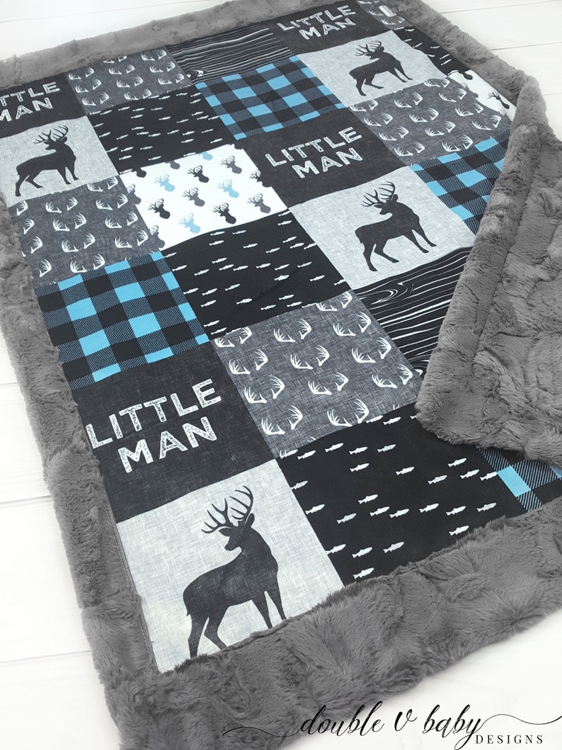 Little Man Minky Baby Blanket Buck Baby Quilt Baby Blue Deer Baby Blanket