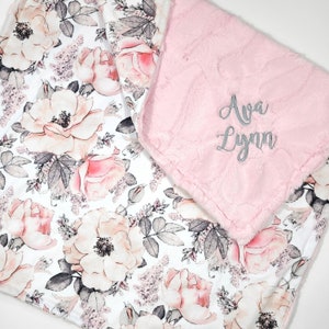 Girl Baby Blanket Personalized - Pink Rose Floral Baby Blanket - Crib Blanket Girl - Milestone Blanket - Minky Blanket