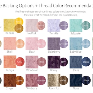 May include: A color chart with various thread and backing options. The chart includes color swatches with names like "Natural," "Banana," "Ice Pink," and "Lavender." The text "Hide Backing Options + Thread Color Recommendations" is at the top.