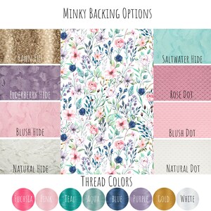 May include: A chart displaying minky backing options for a blanket or other fabric project. The options include Fawn Fur, Elderberry Hide, Blush Hide, Natural Hide, Saltwater Hide, Rose Dot, Blush Dot, and Natural Dot. The chart also shows thread colours: Fuchsia, Pink, Teal, Aqua, Blue, Purple, Gold, and White.