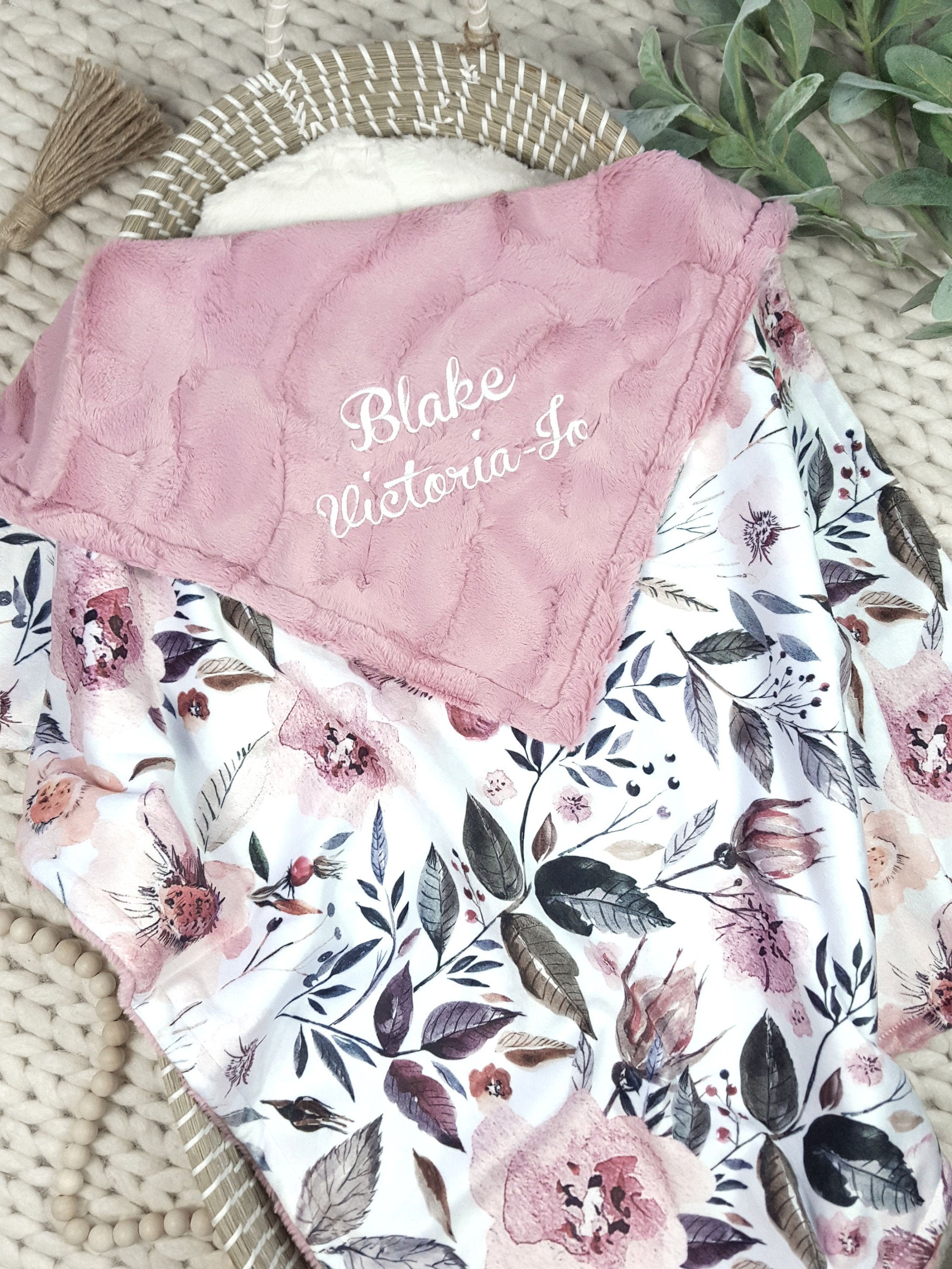 Personalized Baby Blanket Girl - Dusty Pink Floral Baby Blanket - Newborn Baby Shower Gift - Minky Baby Blanket