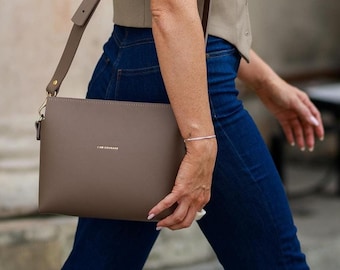 Taupe Minimalist Handmade Leather Bag with Zipp