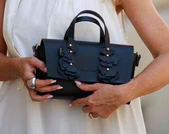 Minimalist Art Handmade Baby Leather Bag Black with Gingko Leafs
