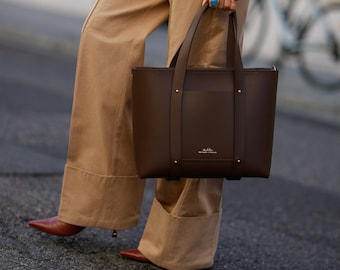 Minimalist Handmade A4 Leather Bag with Top Handle Dark Brown