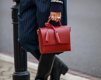 Mini Tassel Leather Bag in Burgundy