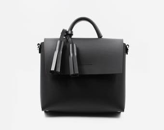 TASSEL LEATHER BAG, Unique Minimalist, Simple, Handmade, black, Gift for Her, Personalization, Leather bag, minimalism