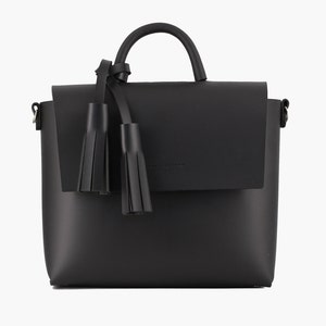 Black Handmade Leather Bag with Tassel Minimalist Beautiful image 1