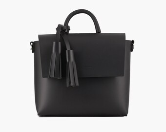 Black Handmade Leather Bag with Tassel Minimalist Beautiful