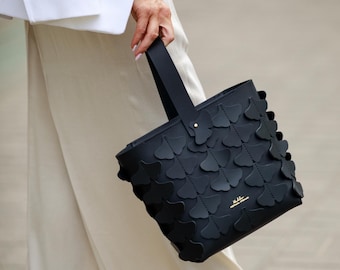 Minimalist Art Handmade Leather Bucket Bag with Ginkgo Leafs