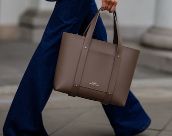 Minimalist Handmade A4 Leather Bag with Top Handle Taupe