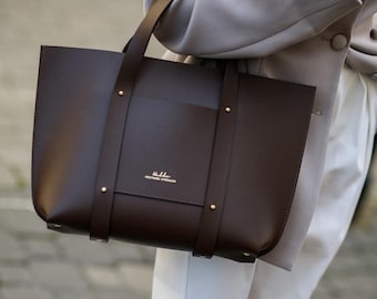 Dark Brown Handmade A4 Bag Leather Bag Top Handle Minimalist