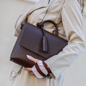 Minimalist Dark Brown Handmade Leather Bag with Tassel