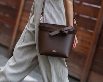 Minimalist Handmade Leather Bucket Bag Dark Brown