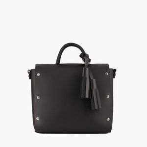 Black Handmade Leather Bag with Tassel Minimalist Beautiful image 3