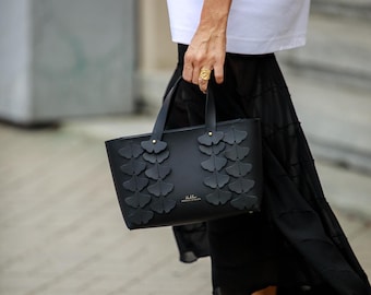 Minimalist Art Handmade Leather Mini Tote Bag with Ginkgo Leafs