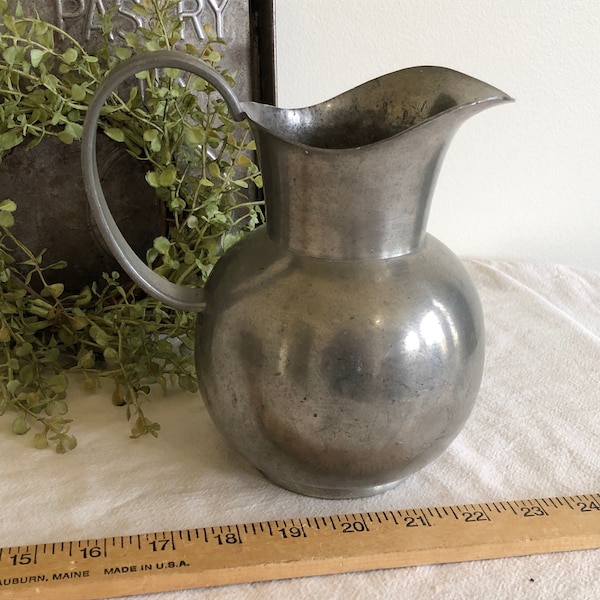 NORGE Tin Pitcher, Silver Color Bulbous Bottom Pitcher with Wide Flaring Spout some dents, Prim Kitchen Decor, Prim Pitcher Vase