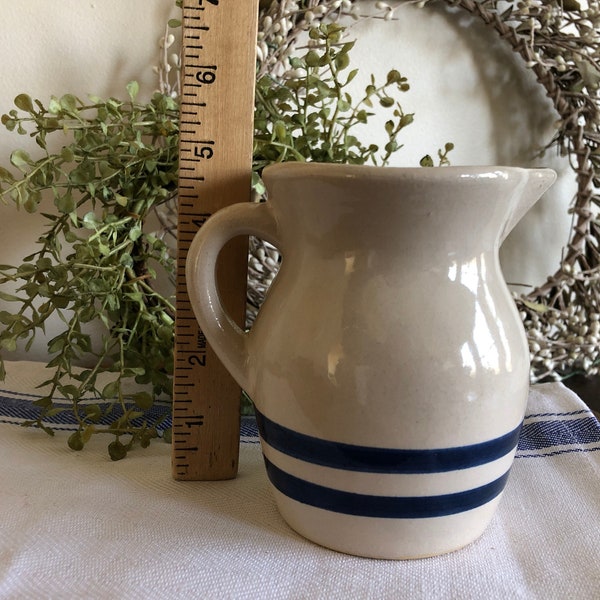 RRPCo white stoneware pitcher with Blue Bands, Robinson Ransbottom Pottery Co Roseville USA 3303 6, Small White Stoneware Pitcher with Blue