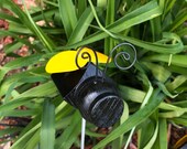 Bumble Bee Plant Stake, Yard Stake created from Reclaimed Materials, Wood Spindle Body, Metal Wings, Twisted Wire Antennae,Yard Art Garden