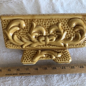 Retro Indoor Planter, Mid Century Retro Rectangular Golden Yellow and Drip Glazed Indoor Footed Planter with Raised Scrollwork