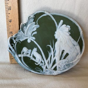 Gebruder Heubach Jasperware Dish Native American Indian Warrior with raised white cameo on Olive Green