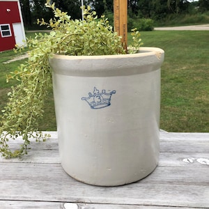 Vintage Stoneware 3 Crock, White Crock Container with blue crown 3 in center, Prim Farmhouse Storage Decor, Country Kitchen, Pickling Crock