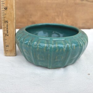 Arts Craft Planter Bowl Shallow Green Blue with Raised Floral Detail
