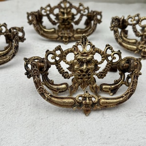 Set of 4 Rococo Style Green Man Gothic Gargoyle cast brass drawer pulls