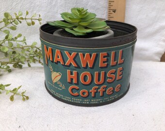 Vintage Maxwell House tin, 1 lb Blue Orange and White Maxwell House Coffee tin, Coffee Niche Decor, Coffee Tin Storage Caddy Planter Decor