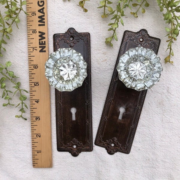 Dummy Doorknobs, Set of 2 Vintage 12 Side Glass Doorknobs with Triple Ring Sunburst Center on Ornate Vintage Door Plates, Sliding Door