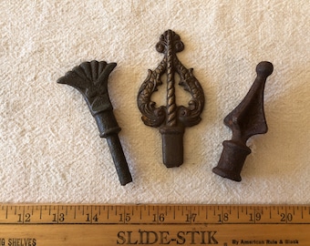 3 Salvage Metal Finials, Vintage Metal Finials Fan Harp and Four Sided Arrow Shapes with ball top, Yard Art, Garden Decor, Birdhouse Topper